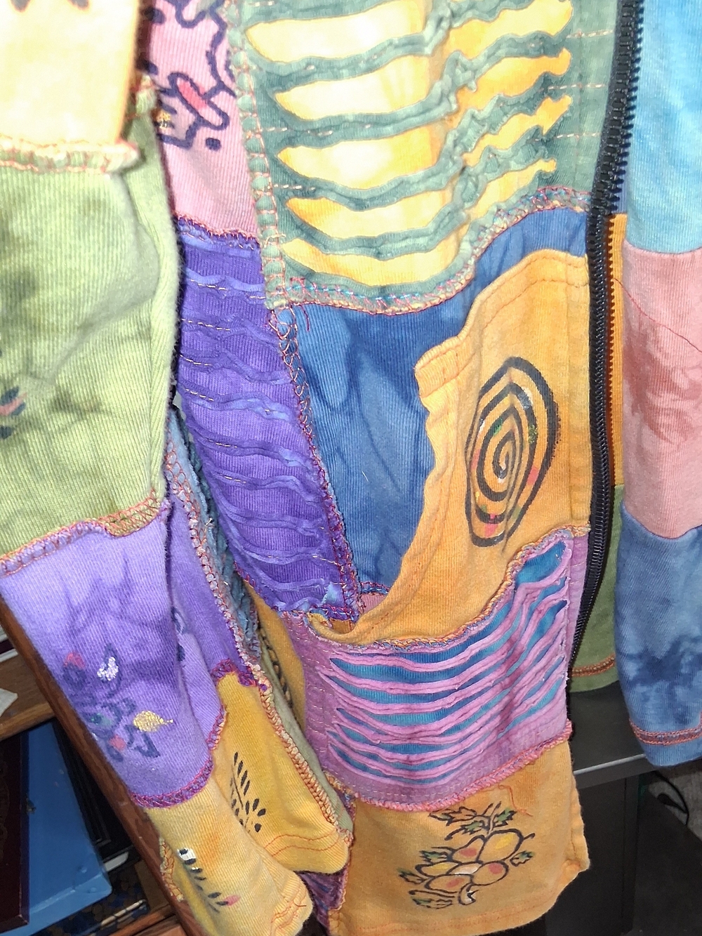 Vibrant Patchwork Hooded Zip Jacket in Purple, Yellow, Teal - Picture 3 of 6